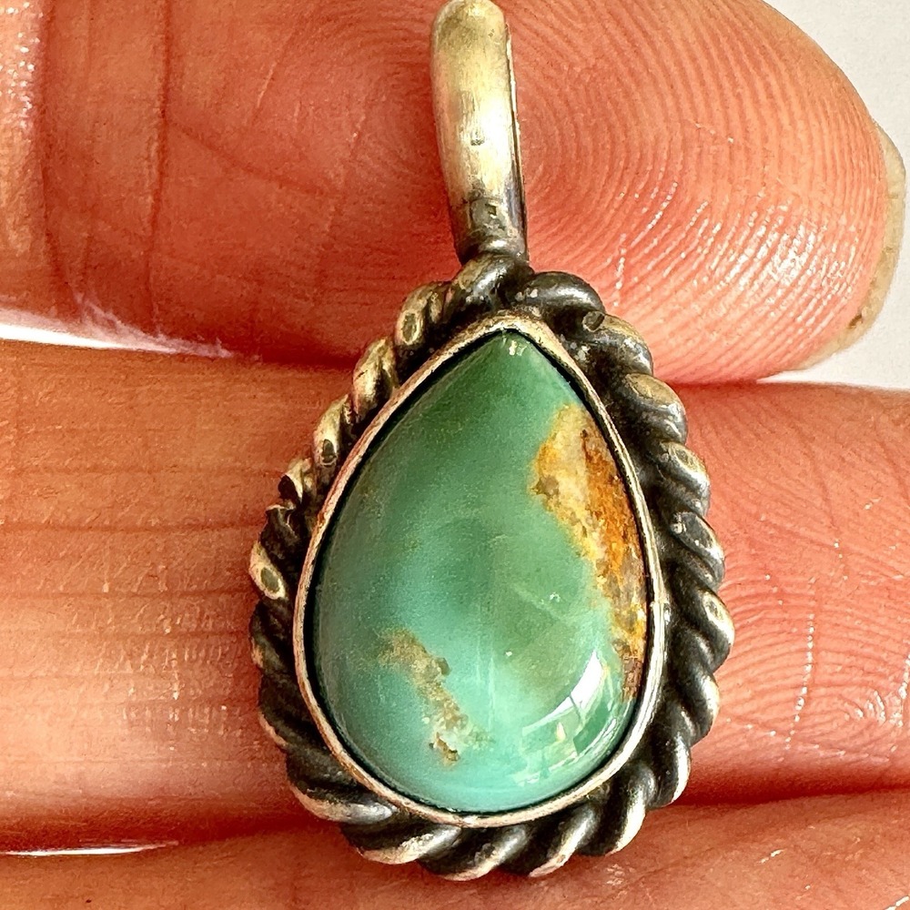 Navajo Royston Turquoise Pendant 1in Signed Largo Sterling Green Small Native